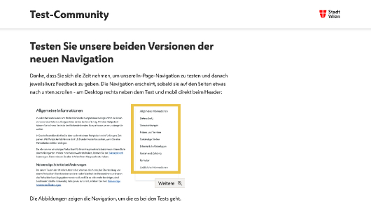 Screenshot Startseite Inpage Navigation-Test